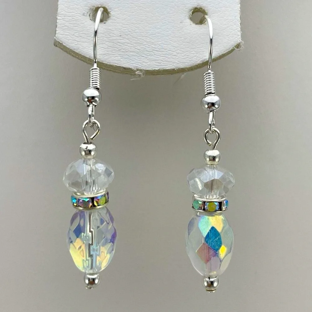Stunning White AB Crystal Glass Beaded Dangle Earrings Silver Tone Rhinestone